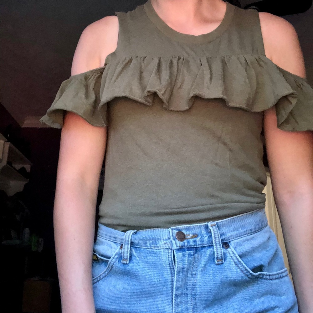 off-the-shoulder army green ruffle top